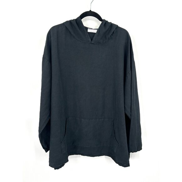 BRYN WALKER Black Linen Boxy Oversized Wide Sleeve Lagenlook Hoodie Top Large - Picture 1 of 8